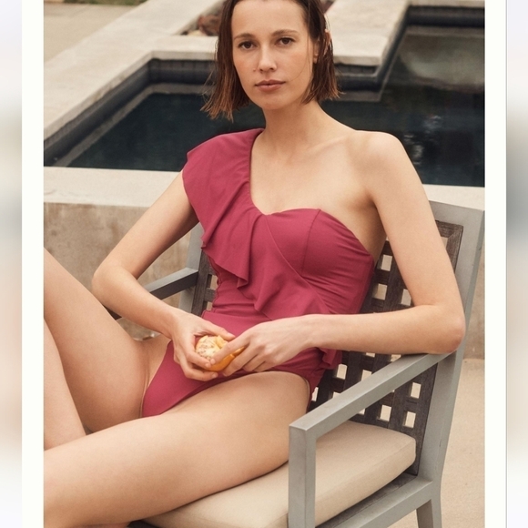 By Anthropologie Asymmetrical Flounce One Piece Swimsuit Ruffled Beach Pool - Picture 5 of 16